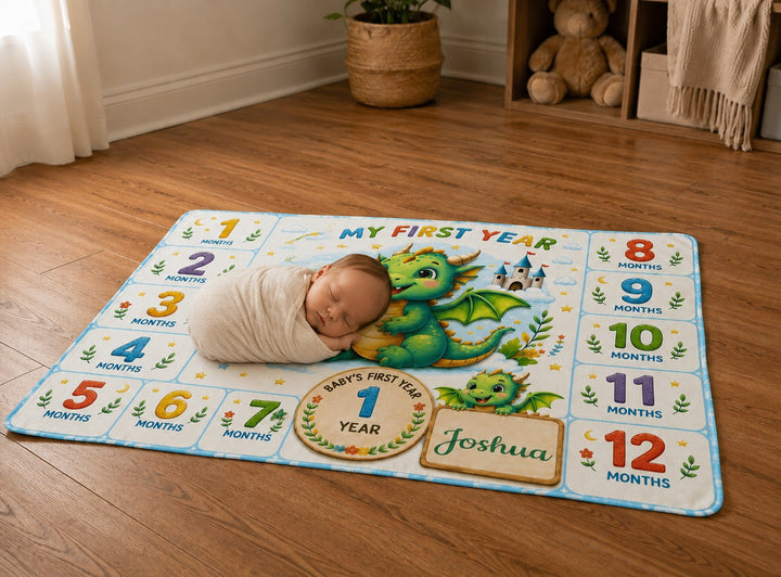 Sea Dragon Dreams personalized baby milestone blanket with a cute dragon design and name for first year photography