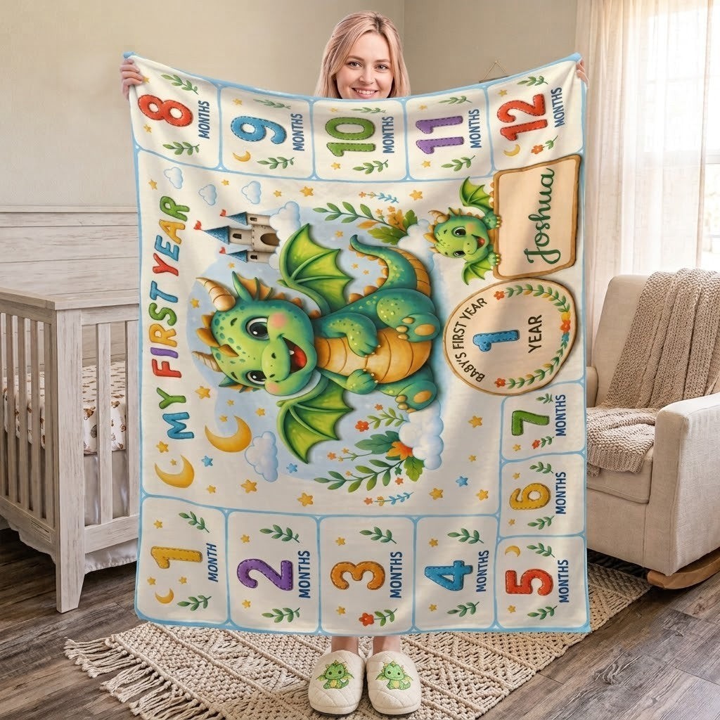 Sea Dragon Dreams personalized baby milestone blanket with a cute dragon design and month markers for photo shoots.