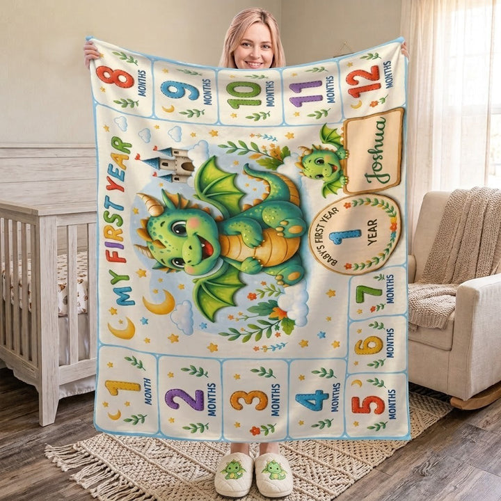 Sea Dragon Dreams personalized baby milestone blanket with a cute dragon design and month markers for photo shoots.