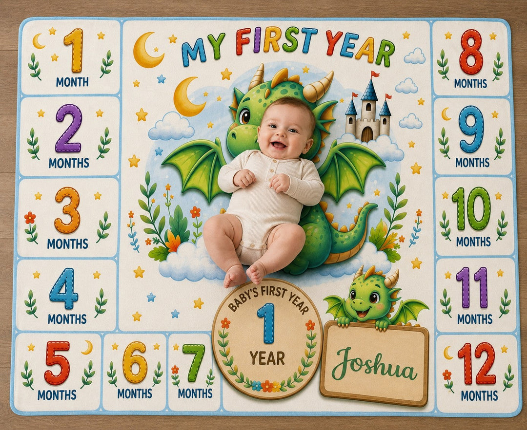 Sea Dragon Dreams personalized baby milestone blanket with a cute dragon design and month markers for photo shoots
