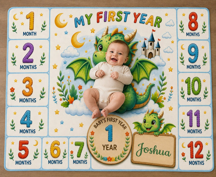 Sea Dragon Dreams personalized baby milestone blanket with a cute dragon design and month markers for photo shoots
