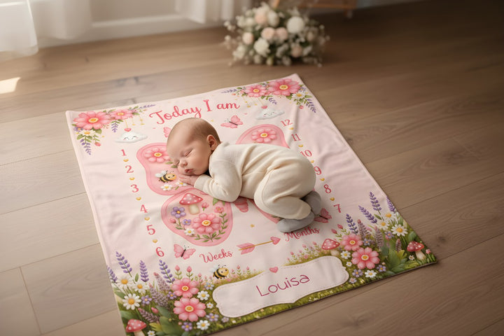 Sea Dragon Dreams personalized baby milestone blanket with butterfly design, floral print, and name in blush pink.