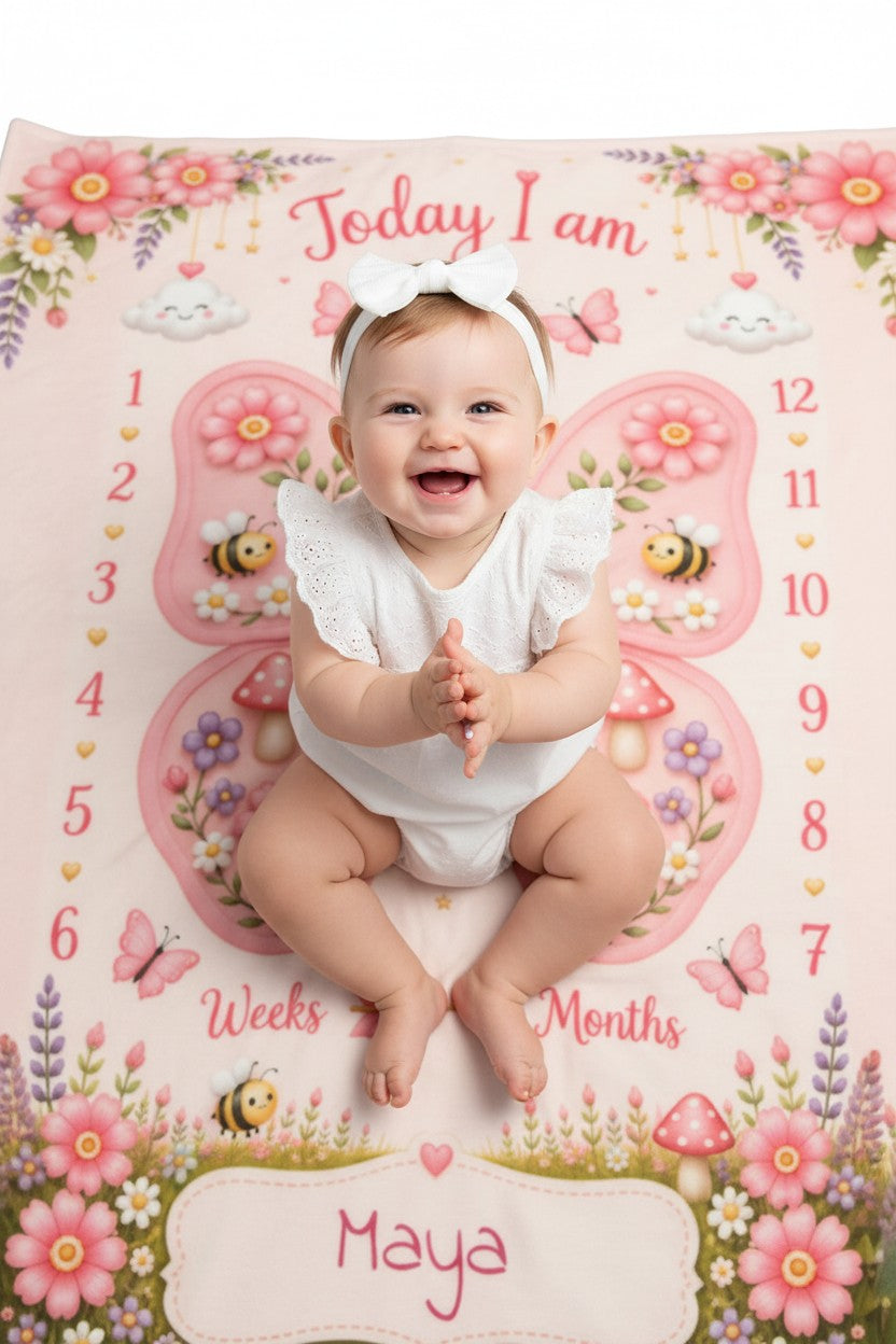 Sea Dragon Dreams personalized baby milestone blanket with blush pink butterfly garden design and baby girl sitting