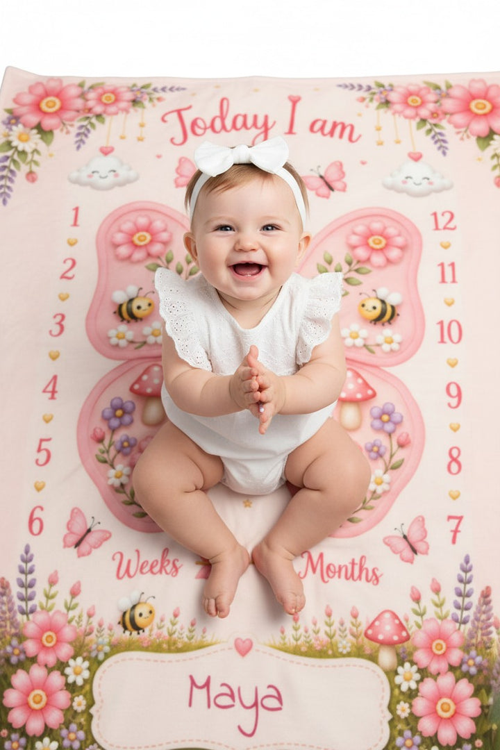 Sea Dragon Dreams personalized baby milestone blanket with blush pink butterfly garden design and baby girl sitting