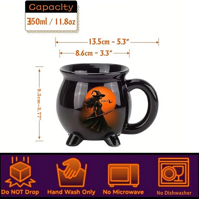 Sea Dragon Dreams personalized black cauldron mug featuring a witch silhouette against a full moon for Halloween.