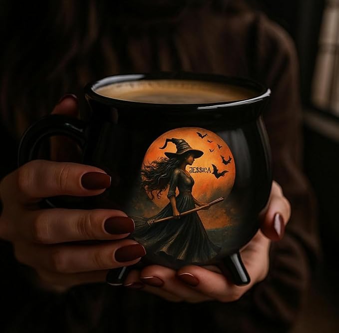 Sea Dragon Dreams personalized black cauldron-shaped mug featuring a witch silhouette against a full moon