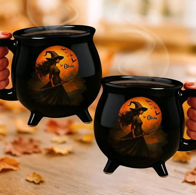 Sea Dragon Dreams personalized black cauldron mug featuring a witch silhouette against a full moon for Halloween