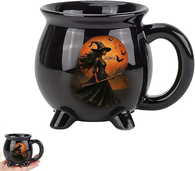 Sea Dragon Dreams personalized black cauldron-shaped Halloween mug featuring a witch illustration and orange moon