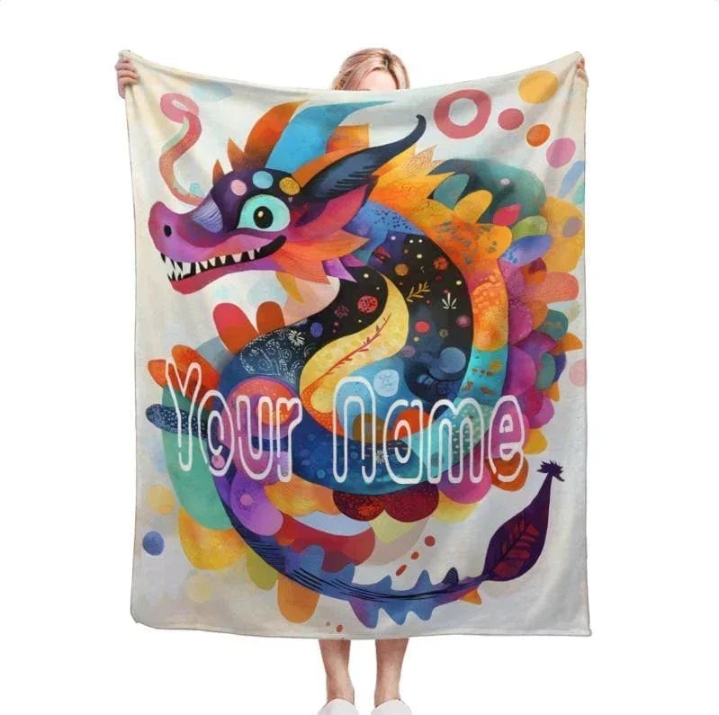 Sea Dragon Dreams personalized flannel fleece blanket featuring a vibrant, colourful dragon illustration for kids.