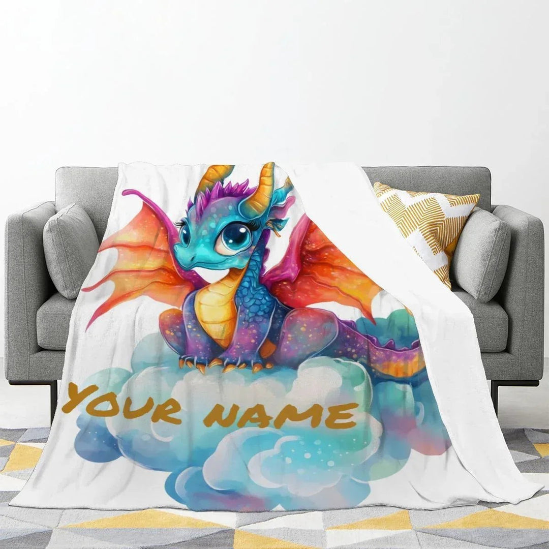 Sea Dragon Dreams personalized flannel fleece blanket featuring a whimsical dragon on clouds for girls