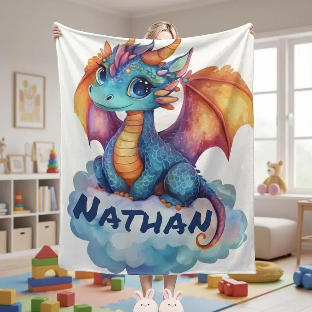 Sea Dragon Dreams personalized flannel fleece blanket featuring a blue dragon on a cloud with the name Nathan