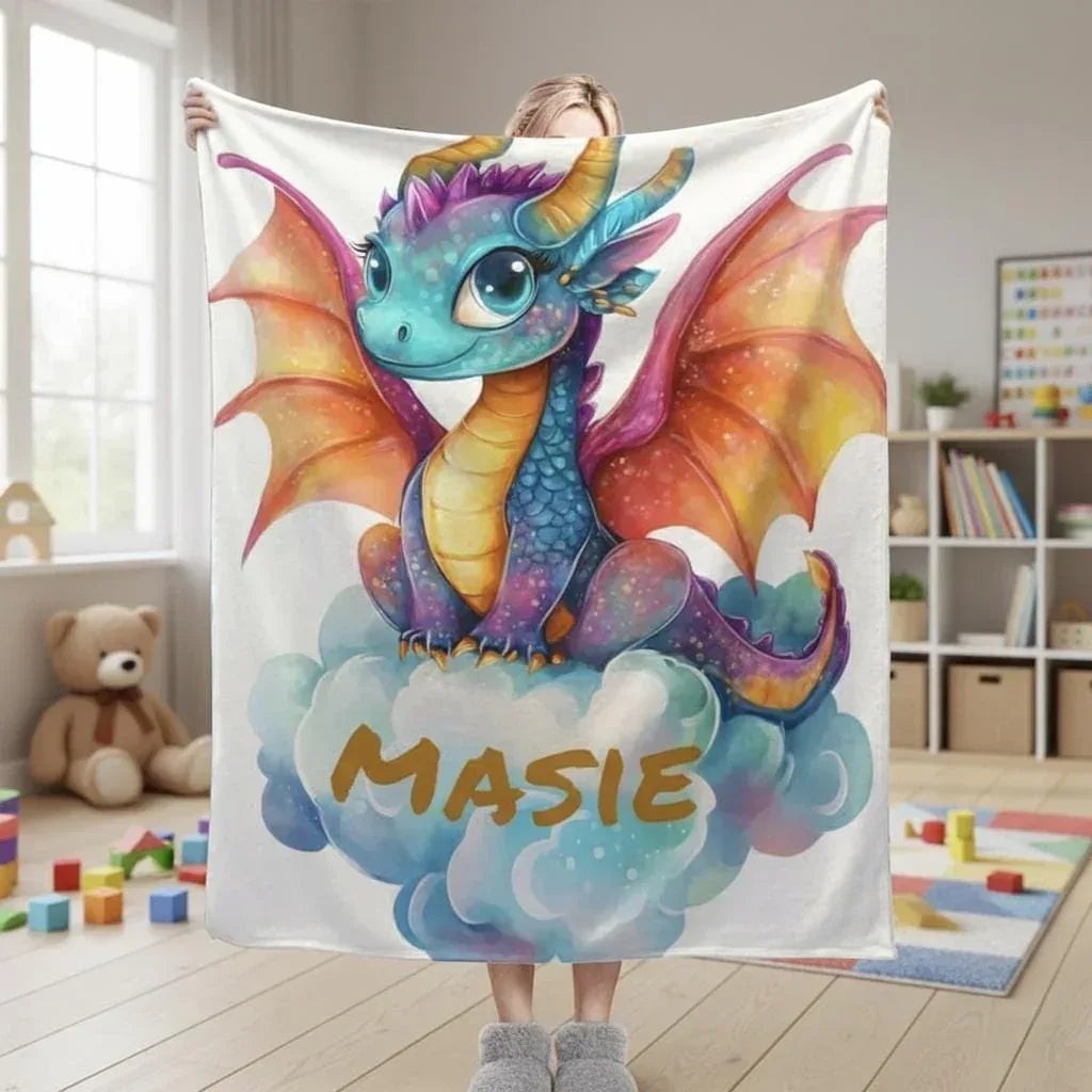 Sea Dragon Dreams personalized flannel fleece blanket for girls featuring a cute dragon on clouds with the name Masie