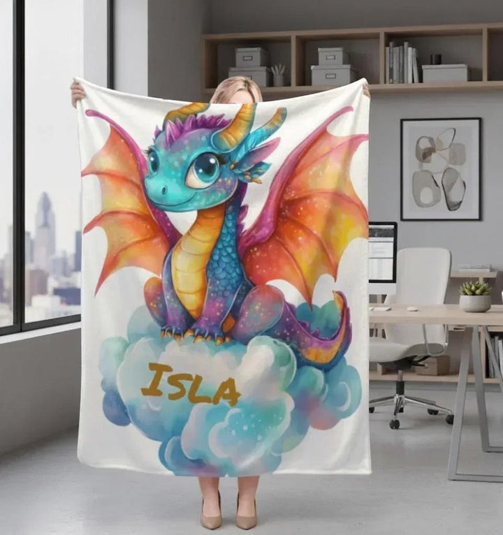 Sea Dragon Dreams personalized flannel fleece blanket featuring a cute colorful dragon on clouds with the name ISLA