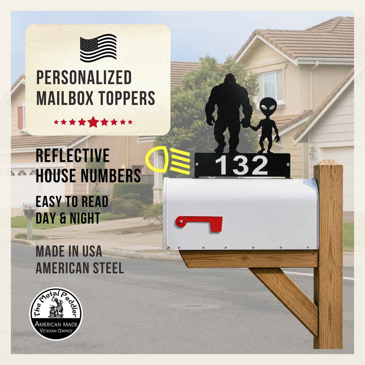 Sea Dragon Dreams personalized metal mailbox topper with reflective house numbers and a silhouette of a dragon.