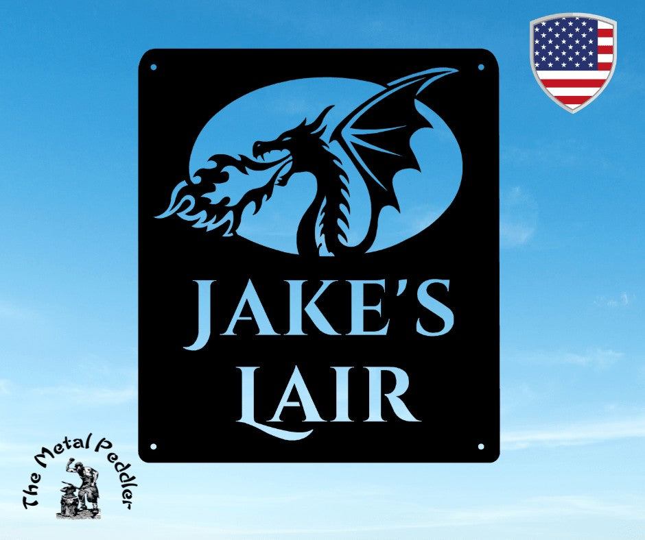 Sea Dragon Dreams personalized black metal sign featuring a fire-breathing dragon silhouette and custom text Jake's Lair