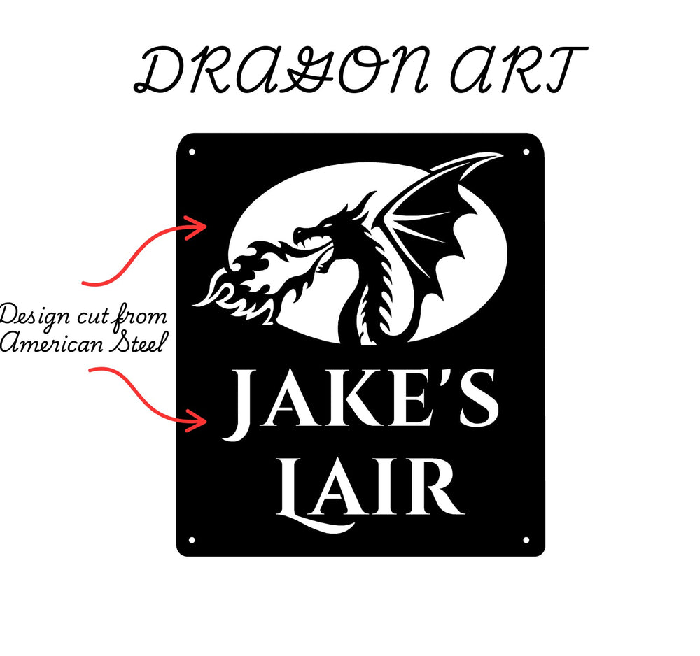 Sea Dragon Dreams personalized black metal wall sign featuring a fire-breathing dragon silhouette and custom text.