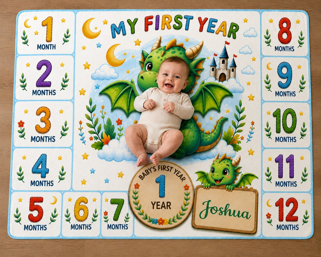 Sea Dragon Dreams personalized baby milestone blanket with a cute dragon, month markers, and baby name Joshua.