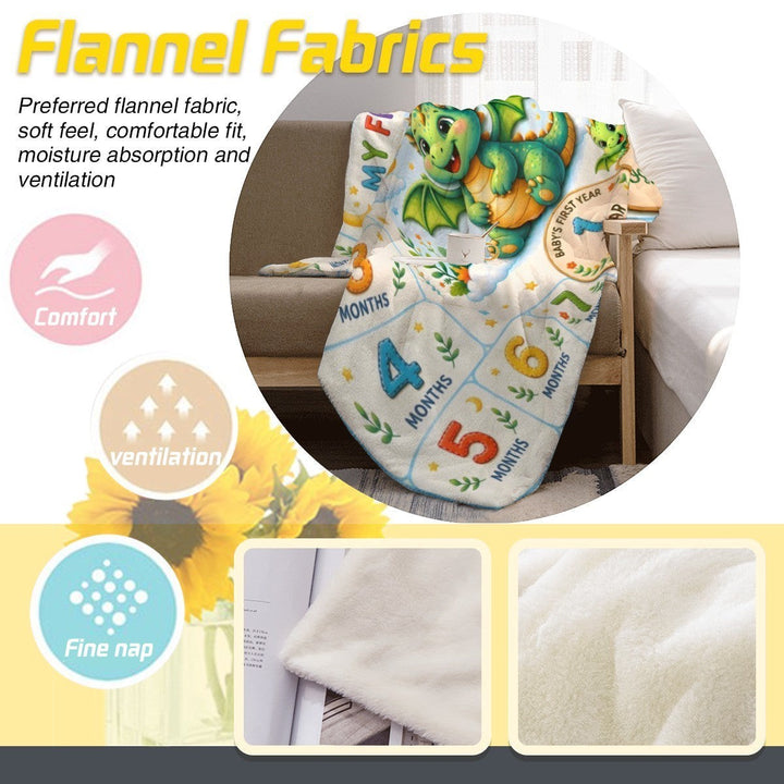 Sea Dragon Dreams personalized baby milestone blanket with a cute dragon illustration and month markers on soft flannel