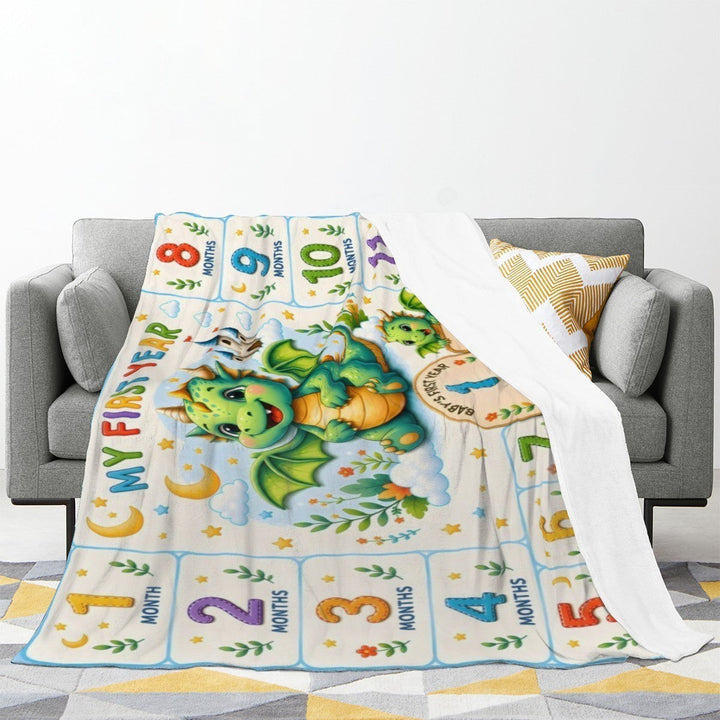 Sea Dragon Dreams personalized baby milestone blanket with a whimsical dragon design for tracking monthly growth.