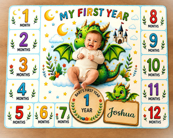 Sea Dragon Dreams personalized baby milestone blanket with dragon illustration and month markers for first year photos