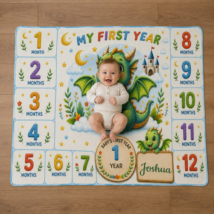 Sea Dragon Dreams personalized baby milestone blanket with a cute dragon illustration and month markers for photos.