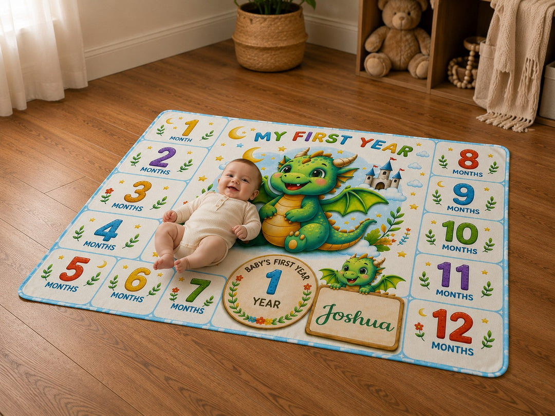 Sea Dragon Dreams personalized baby milestone blanket with a cute dragon illustration and month markers on wood floor