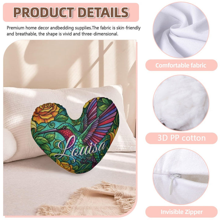 Sea Dragon Dreams personalized heart-shaped pillow with colorful hummingbird artwork and custom name Louisa