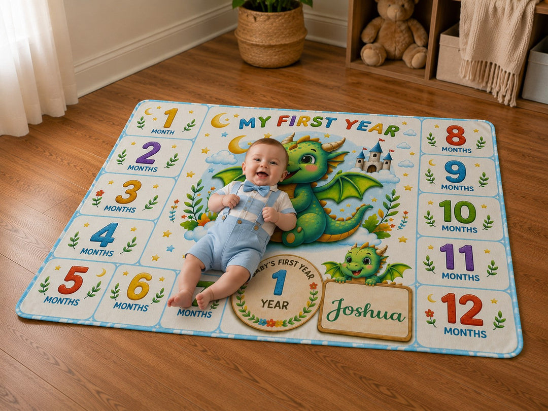 Sea Dragon Dreams personalized baby milestone blanket with dragon illustration and month markers for first year photos