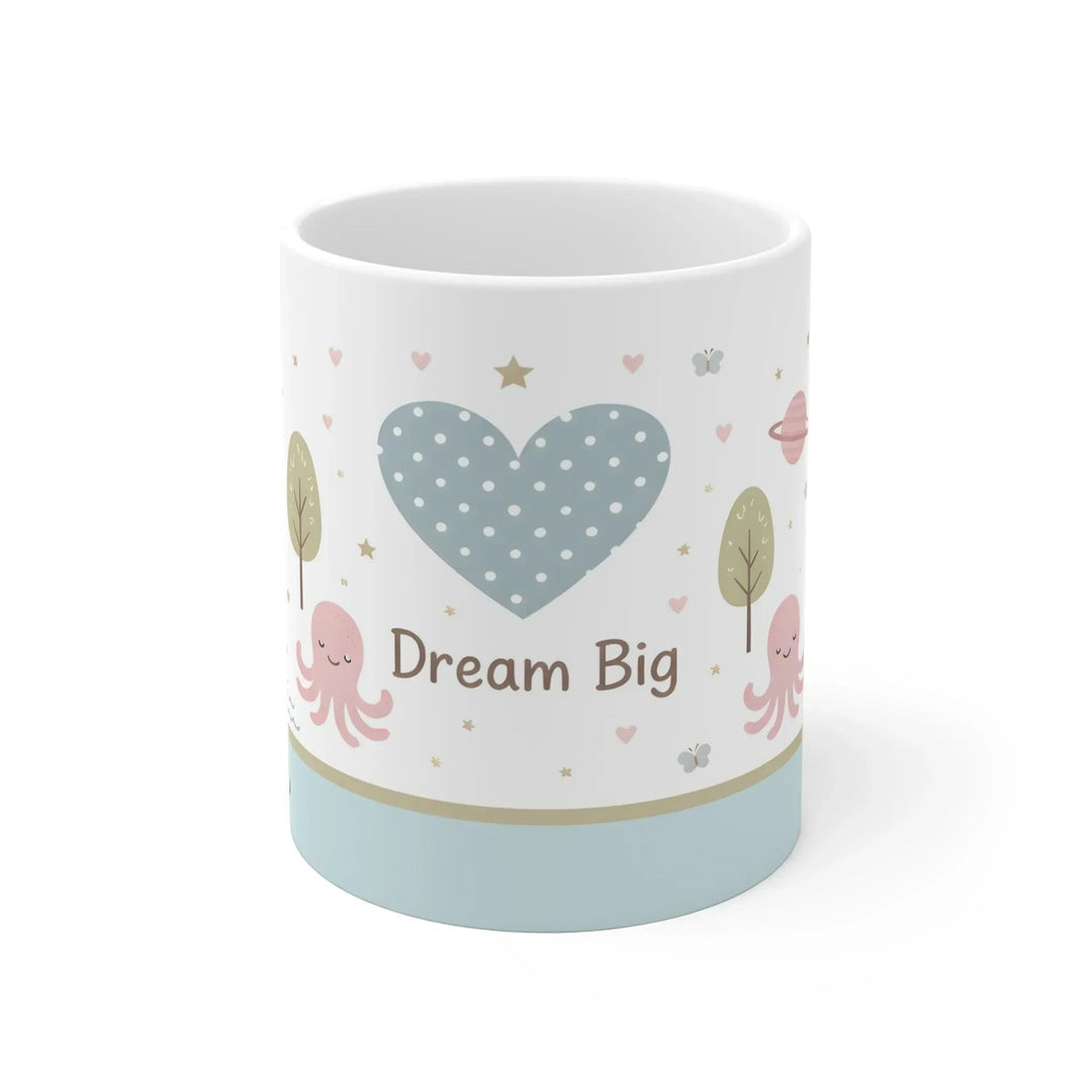 Sea Dragon Dreams ceramic mug with Dream Big ocean theme, featuring pastel whales, octopus, and heart illustrations.