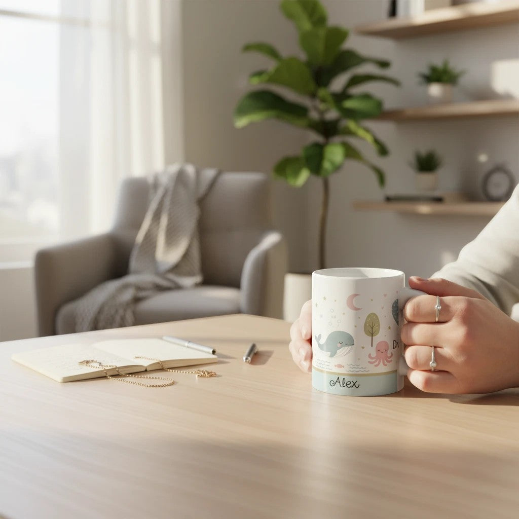 Sea Dragon Dreams personalized ceramic mug with whale and octopus design held by a person at a wooden desk.