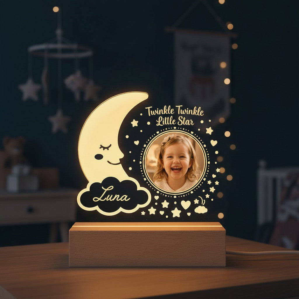 Sea Dragon Dreams personalized Twinkle Little Star night light with a custom photo and name on a wooden base.