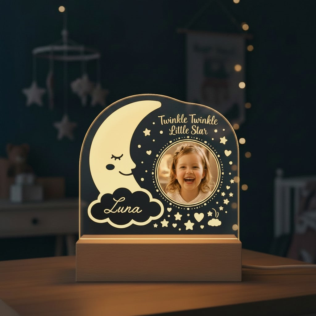 Sea Dragon Dreams personalized night light with moon and star design, child photo, and name on a wooden base.