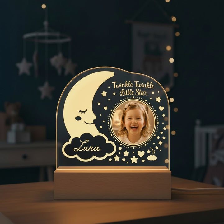 Sea Dragon Dreams personalized night light with moon and star design, child photo, and name on a wooden base.