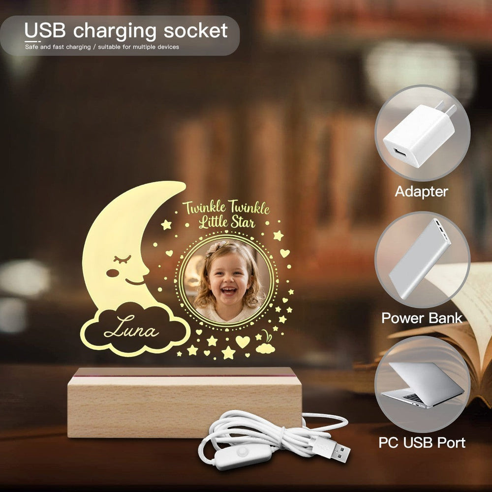 Sea Dragon Dreams personalized moon and star night light with custom photo and name on a wooden base with USB cable