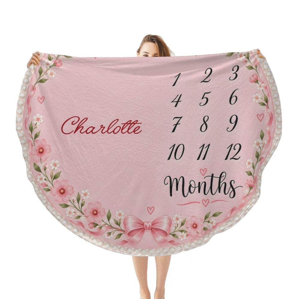 Sea Dragon Dreams personalized pink round baby milestone blanket with floral design and custom name Charlotte