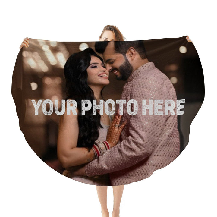 Sea Dragon Dreams personalized round photo blanket featuring a custom couple portrait on soft anti-pilling flannel.