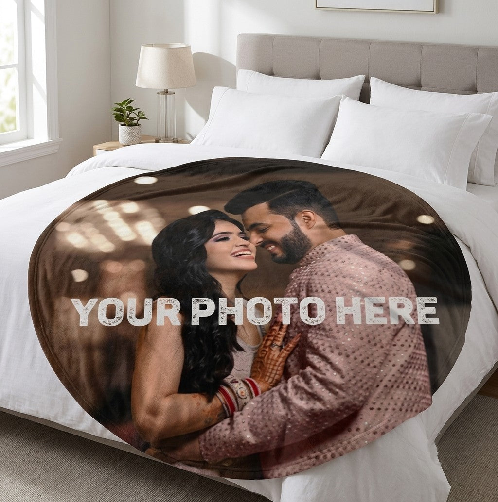 Sea Dragon Dreams personalized round flannel blanket featuring a custom photo print draped on a white bed.