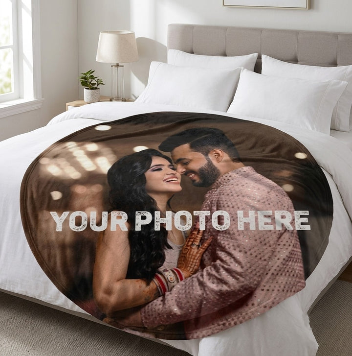 Sea Dragon Dreams personalized round flannel blanket featuring a custom photo print draped on a white bed.