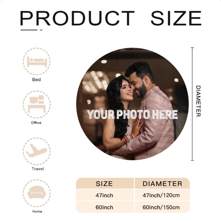 Sea Dragon Dreams personalized round photo blanket showing a couple in a custom print design with size chart