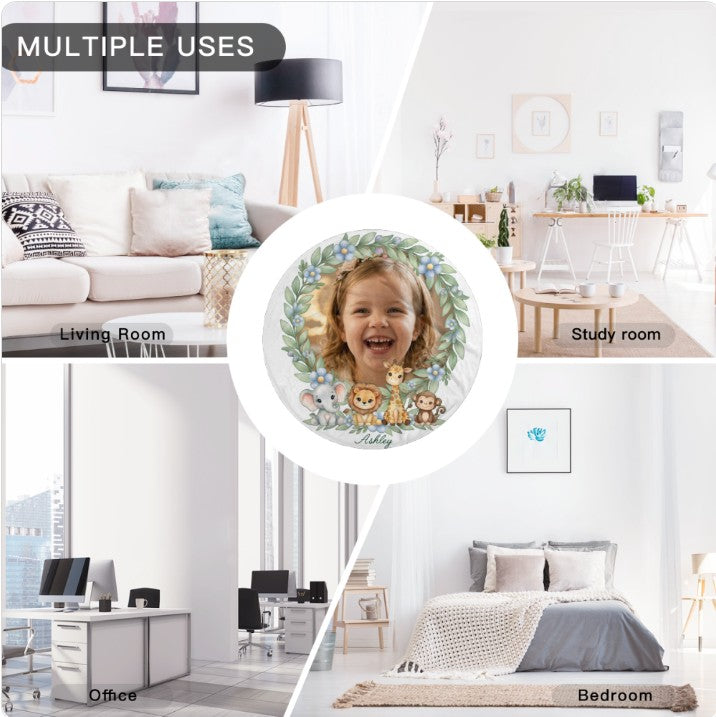 Sea Dragon Dreams personalized round baby blanket with safari animal border and child photo in various home settings.