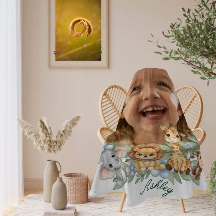 Sea Dragon Dreams personalized round baby blanket featuring a child's photo and cute safari animal illustrations.