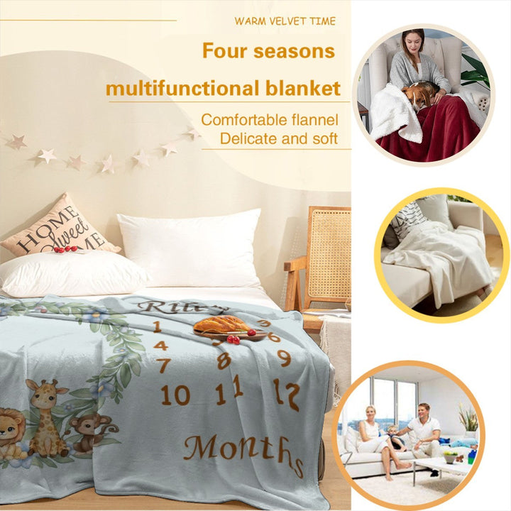 Sea Dragon Dreams personalized baby safari milestone blanket with cute animal illustrations and monthly markers.