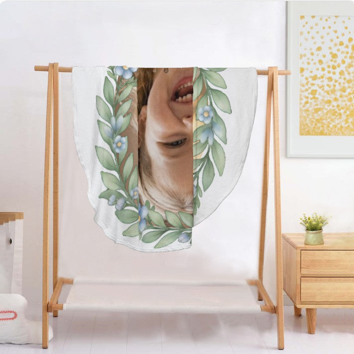 Sea Dragon Dreams personalized round baby blanket featuring a child's photo framed by a vibrant safari leaf wreath.