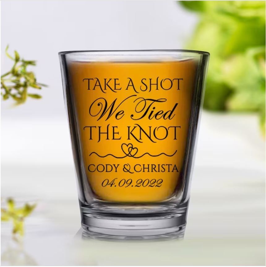 Sea Dragon Dreams personalized wedding shot glass with Take a Shot We Tied the Knot text and two-heart design