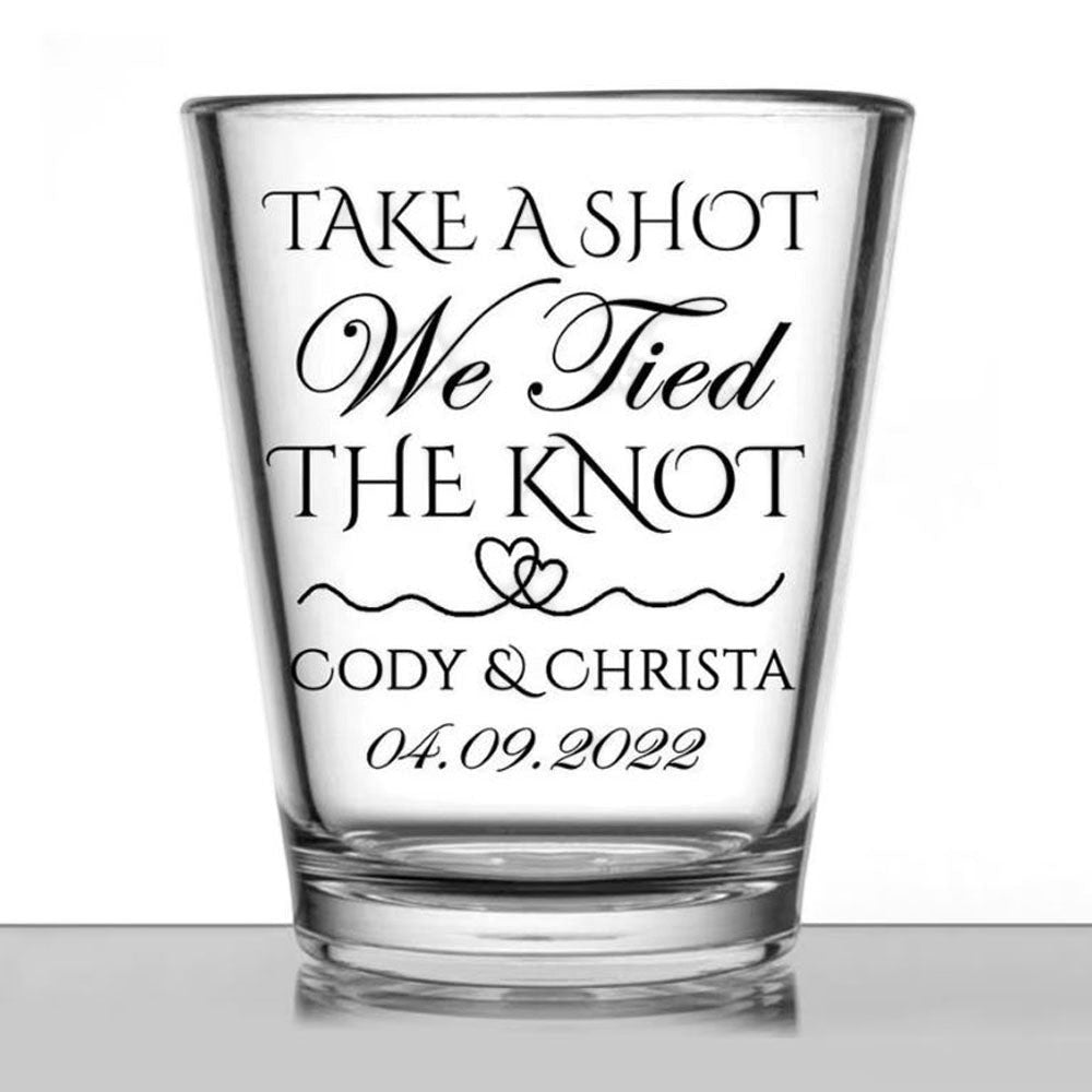 Sea Dragon Dreams personalized wedding shot glass with Take a Shot We Tied the Knot text and heart design