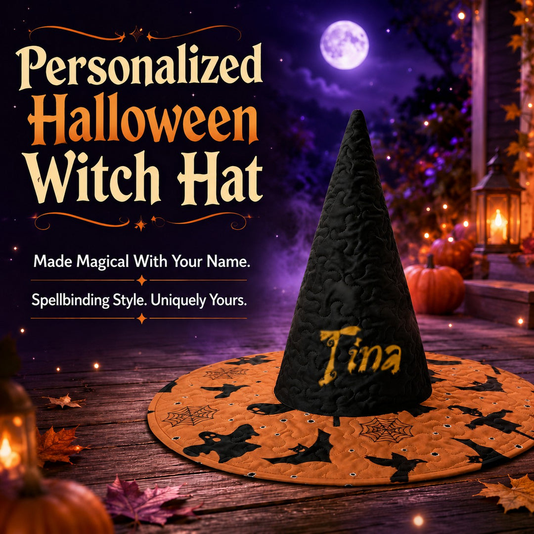Sea Dragon Dreams personalized black and orange quilted witch hat with custom gold name on a festive porch background
