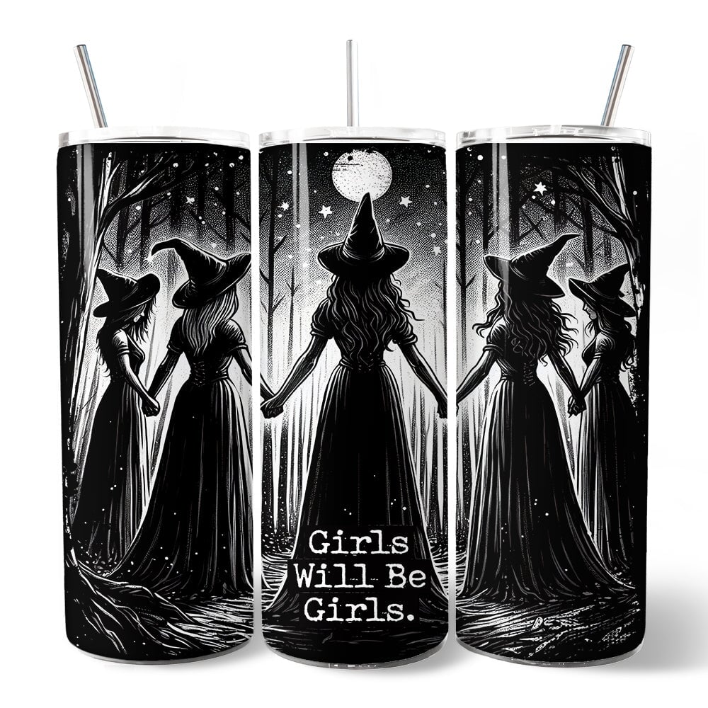 Sea Dragon Dreams 20 oz stainless steel tumbler featuring a black and white witch coven illustration and straw