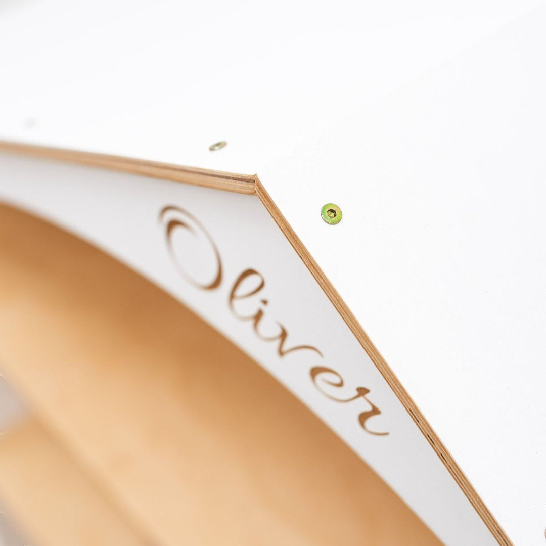 Sea Dragon Dreams personalized white wooden dollhouse bookcase with custom name engraving on the roof