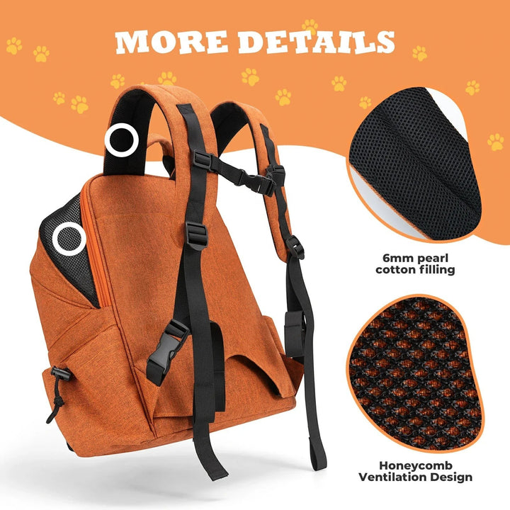 Sea Dragon Dreams orange pet carrier backpack with padded shoulder straps and honeycomb mesh ventilation details