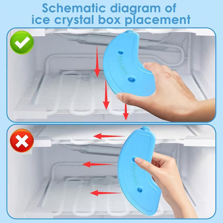 Sea Dragon Dreams automatic pet feeder ice pack placement guide showing correct and incorrect freezer positioning